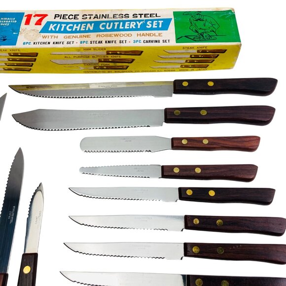 Vintage Japanese Stainless Steel Kitchen Cutlery Set w/ Genuine Rosewood Handles - Picture 8 of 10